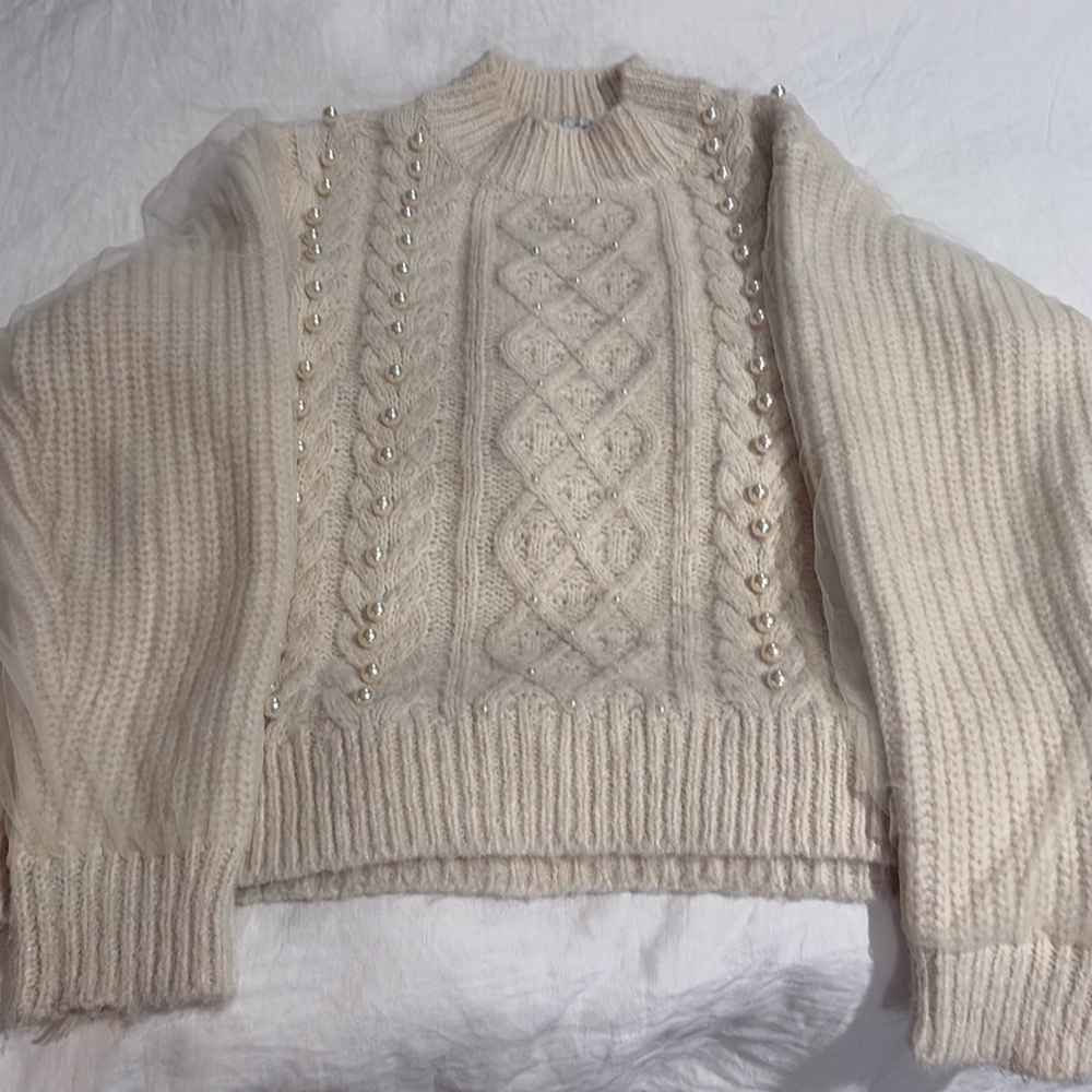 Zara Oversized Pearl Cable Knit Sweater | Tulle Sleeves | M